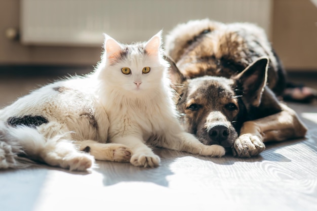 Gatto e cane giacciono insieme sul pavimento