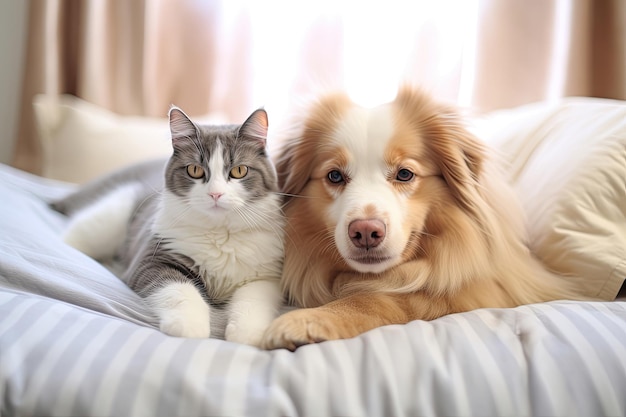 Gatto e cane riposano insieme sul divano