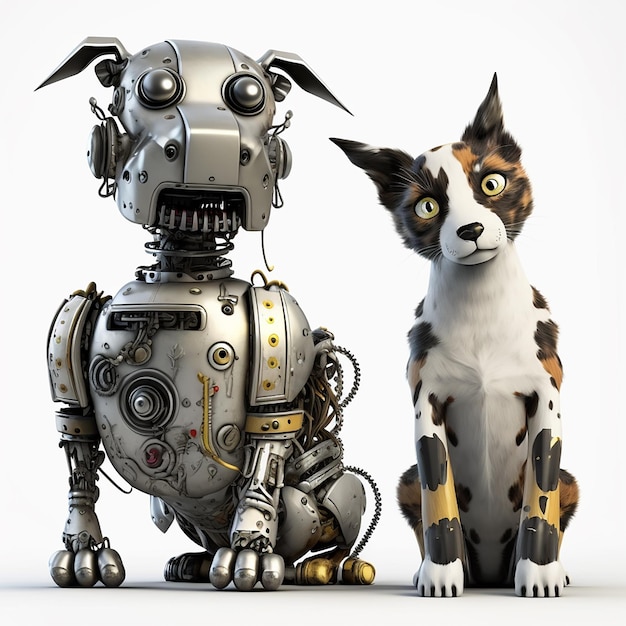 Gatto e cane robot due robot animali su sfondo bianco divertente fantasia illustrazione