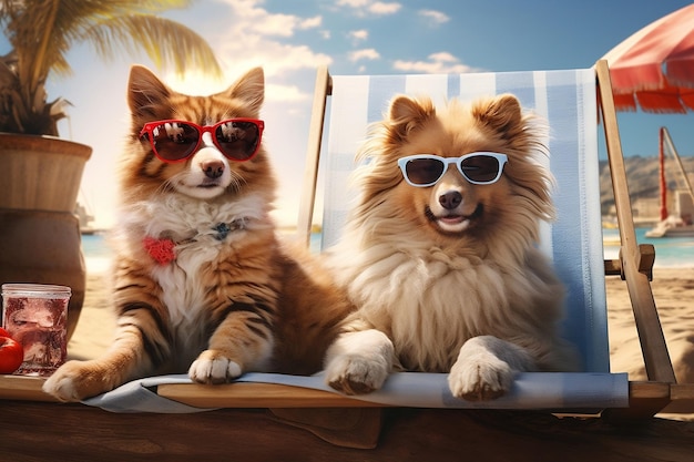 Gatto e cane si godono una vacanza estiva Generative Ai