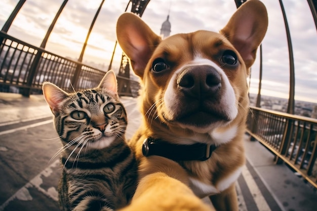 Gatto e cane Torre Eiffel Selfie IA generativa