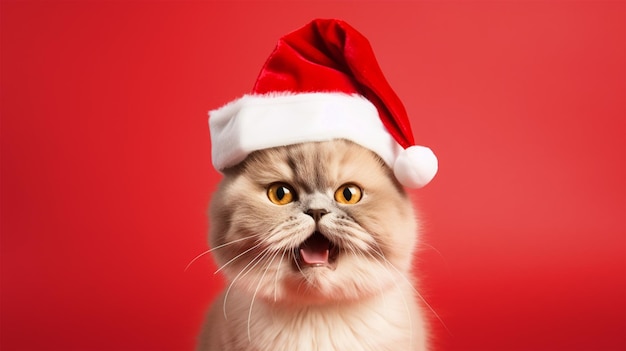 Gatto felice che indossa il ritratto del cappello di Babbo Natale su sfondo isolato
