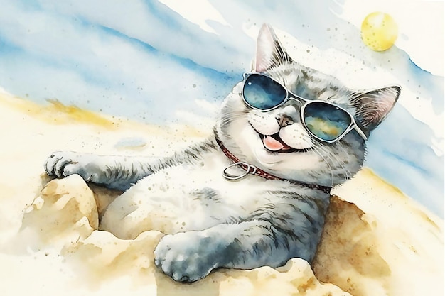 Gatto felice in spiaggia Concetto di relax estivo Illustrazione ad acquerello AI generata