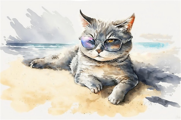 Gatto felice in spiaggia Concetto di relax estivo Illustrazione ad acquerello AI generata