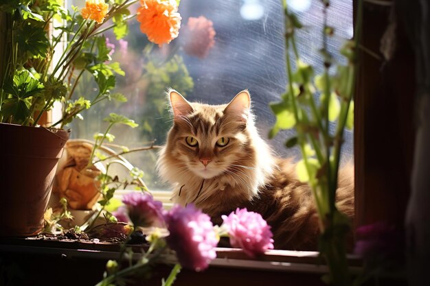 Gatto felice sdraiato sul davanzale della finestra fiori primaverili giorno soleggiato casa accogliente piante domestiche animale domestico umore estivo