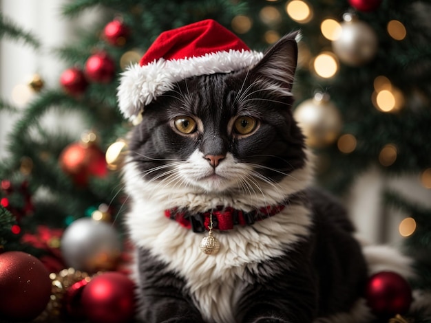 Gatto festivo che indossa il cappello di Babbo Natale tra le decorazioni natalizie