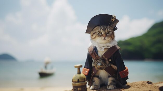 gatto gentile che indossa uniformi di pirati in piedi sulla nave dei pirati sulla spiaggia sullo sfondo generativa AI