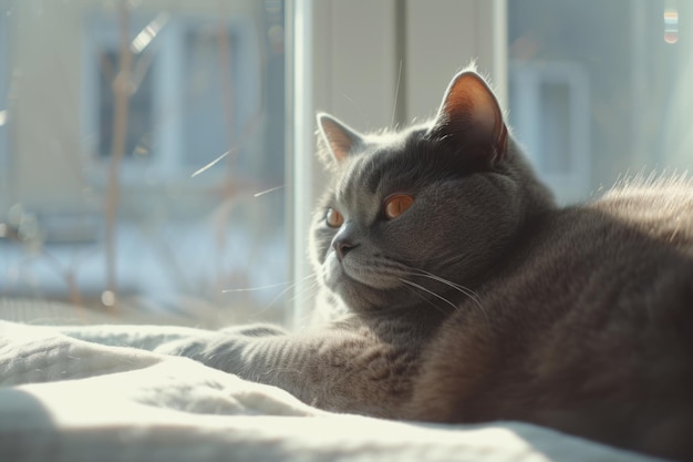 Gatto grigio carino che posa su uno sfondo chiaro a casa Giorno nazionale dei gatti animale domestico