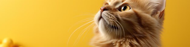 Gatto grigio carino su banner sullo sfondo giallo chiaro con animale domestico e spazio per il testo