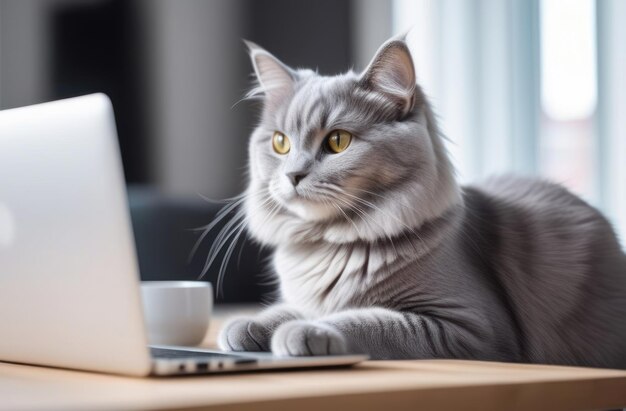 Gatto grigio che lavora al computer come sviluppatore online