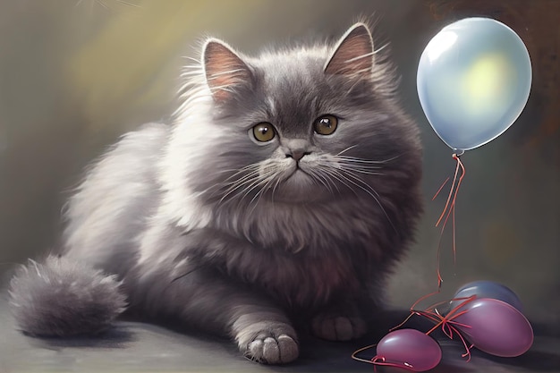 Gatto grigio con palloncini