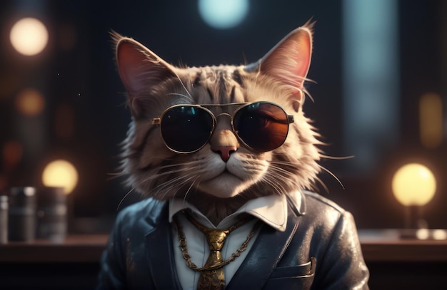 Gatto hipster ricco e di successo con occhiali da sole e denaro contante come un gangster