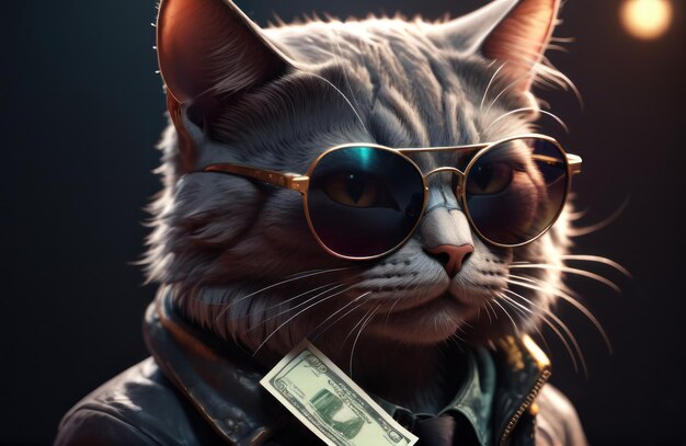 Gatto hipster ricco e di successo con occhiali da sole e denaro contante come un gangster