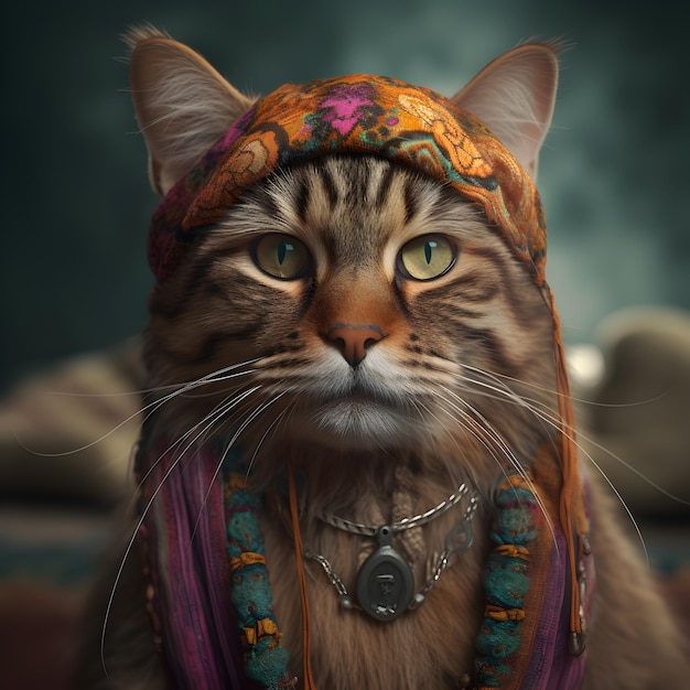 gatto in abito hippie medievale boho boho con perline surreali