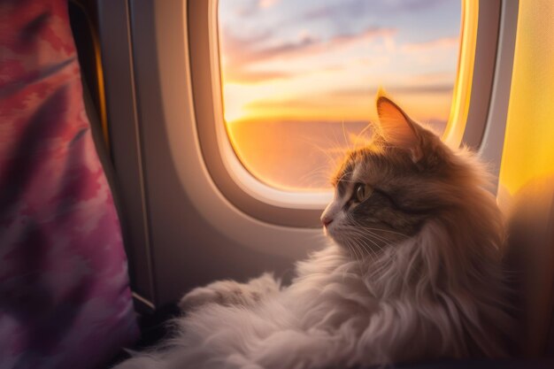 gatto in aereo vicino alla finestra al tramonto