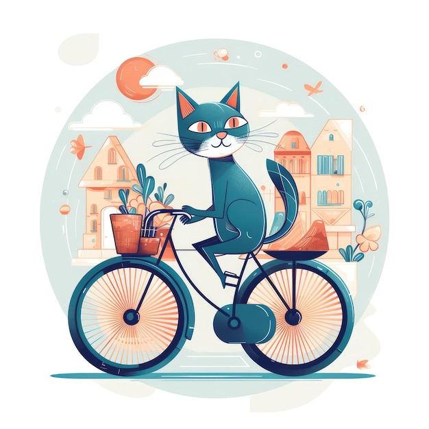 Gatto in bicicletta con un cesto di piante.