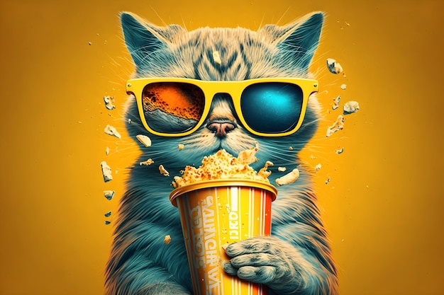 Gatto in occhiali 3d con il concetto di popcorn sullo sfondo del cinema