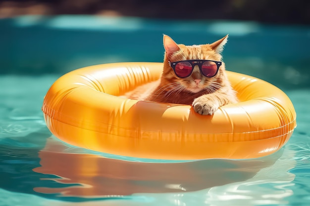 Gatto in occhiali da sole che riposa in piscina