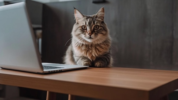 Gatto in piedi in un ufficio moderno che utilizza un computer portatile IA generativa