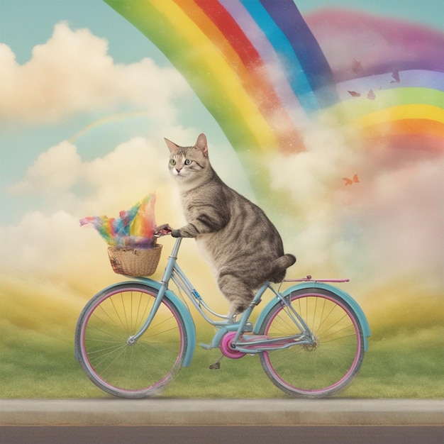 Gatto in sella a una bicicletta generatore di immagini fantasy di sfondo arcobaleno ai