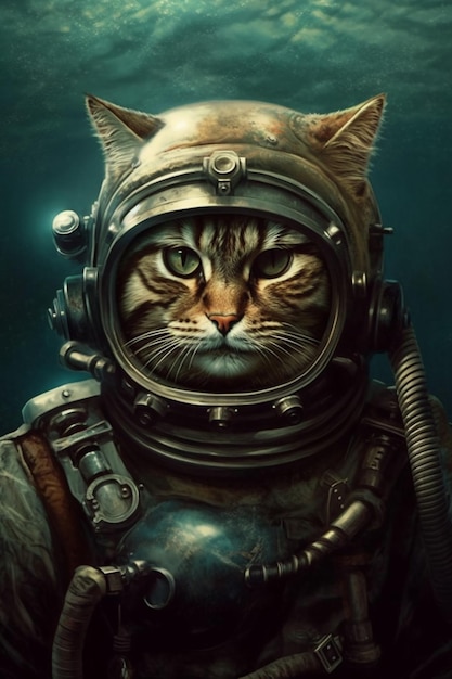 Gatto in tuta spaziale con casco e casco.