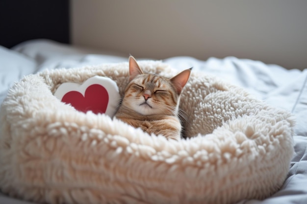 Gatto in un letto accogliente con un cuscino a impronta di cuore occhi chiusi