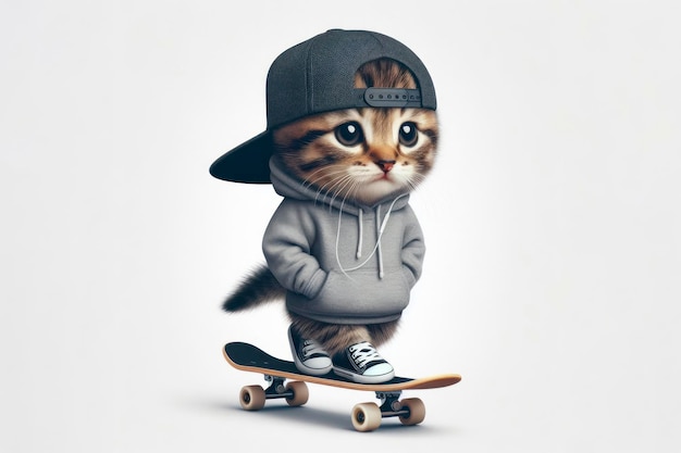 gatto indossa un berretto su uno skateboard su uno sfondo bianco