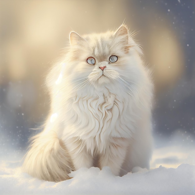 Gatto lanuginoso bianco realistico nella neve inverno sfondo IA generativa