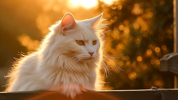Gatto lanuginoso pelliccia bianca Gatto persiano seduto su una staccionata di legno sotto i raggi del sole al tramonto