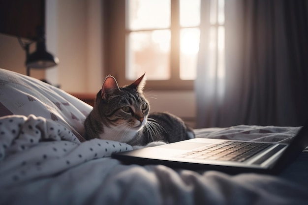 Gatto laptop freelance seduto a letto Online animale domestico internet faccia lavoro Generate Ai