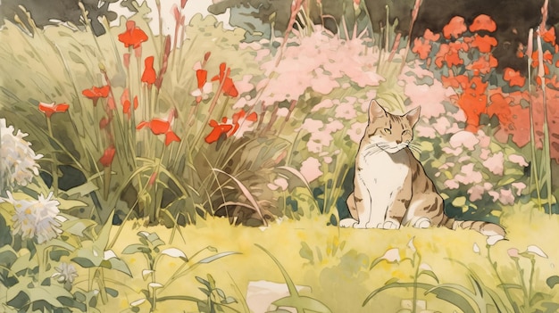 Gatto Lofi in natura giardino stile anime illustrazione sfondo sfondo design arte Generativo AI