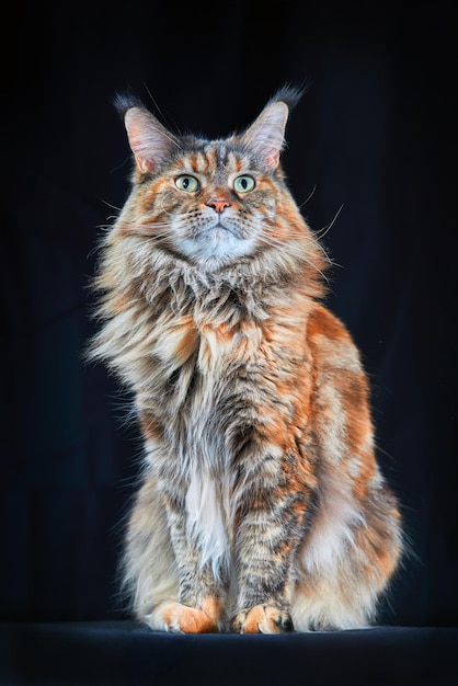 Gatto Maine Coon Ritratto in studio gatto grande con grandi orecchie e coda pelosa isolati su sfondo nero