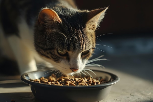 Gatto mangia cibo da una ciotola Caro animale domestico AI generativa