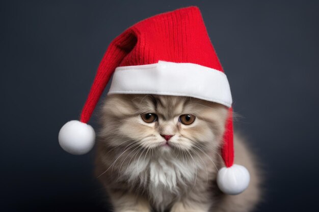 Gatto marrone carino che indossa un cappello di Natale su uno sfondo scuro AI generativa