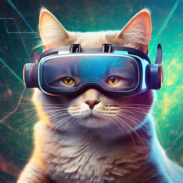 Gatto nel concetto di realtà digitale con occhiali VR