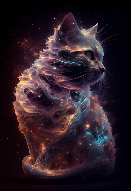 gatto nelle stelle della galassia con uno stile iridescente e con la forma del viso di un gatto