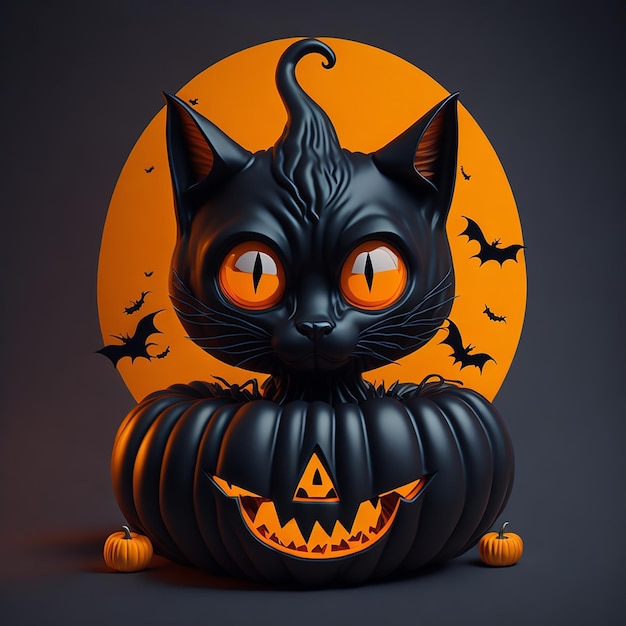 Gatto nero 3D con tema Halloween seduto pipistrello zucca colorato stile retrò