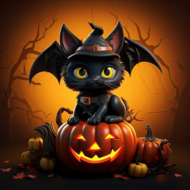 Gatto nero 3D con tema Halloween zucca pipistrello colorato stile retrò
