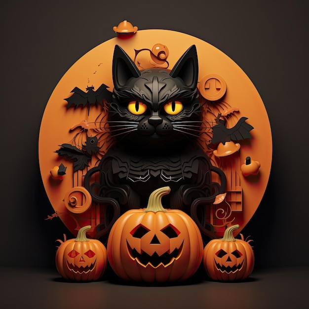 Gatto nero 3D con tema Halloween zucca pipistrello colorato stile retrò