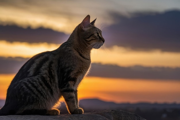 Gatto nero a silhouette sul lungomare durante il tramonto