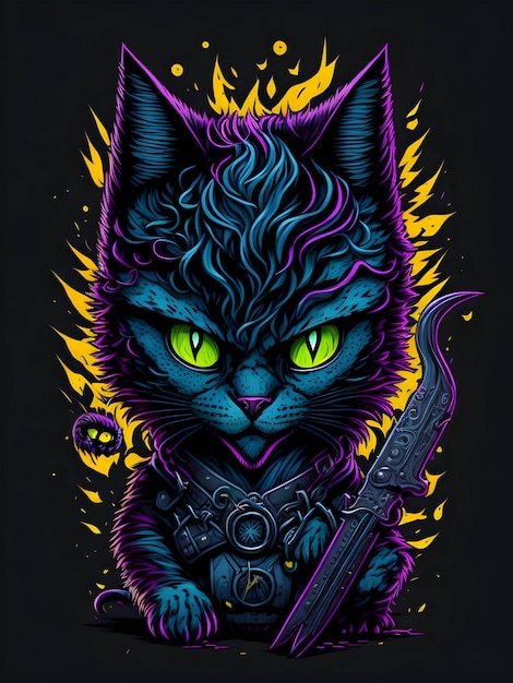 Gatto nero al neon su sfondo nero per l'illustrazione di Halloween