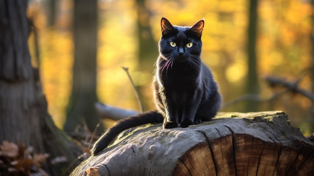 Gatto nero appoggiato su un tronco d'albero in decomposizione