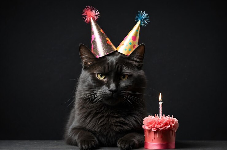 Gatto nero che indossa un berretto di compleanno e una torta di compleanno accanto a lui sullo sfondo nero scuro