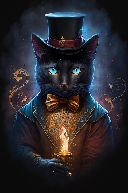 Gatto nero che indossa un cappello a cilindro e tiene in mano una tazza con dentro una fiamma IA generativa
