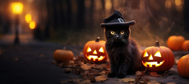 Gatto nero con cappello e zucche di Halloween e sfondo della città vecchia Copia spazio per il testo