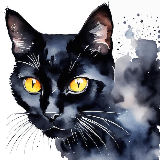 Gatto nero con fumo nero Acquerello dipinto a mano illustrazione isolata