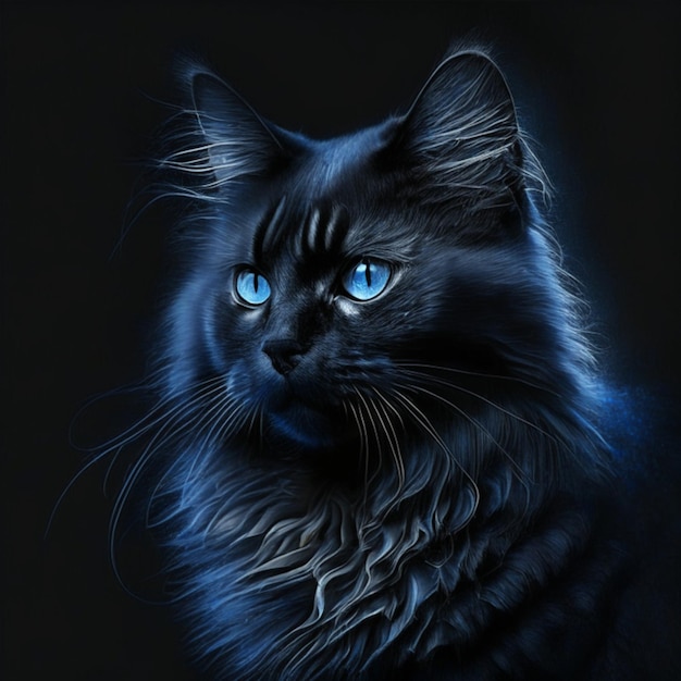 Gatto nero con gli occhi blu su uno sfondo scuro rendering 3D