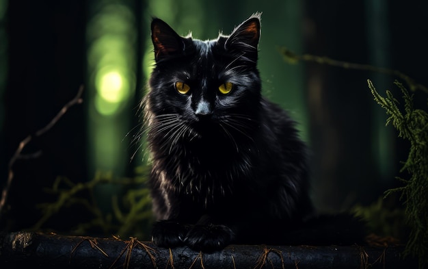 Gatto nero con occhi verdi luminosi sullo sfondo della luna piena
