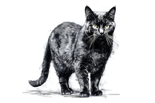 Gatto nero con occhi verdi su sfondo bianco dipinto ad acquerello
