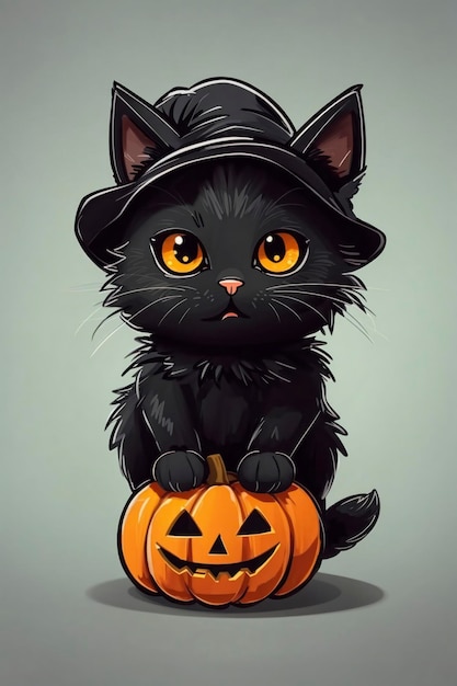 Gatto nero con una testa di zucca in stile Cartoon Doodle